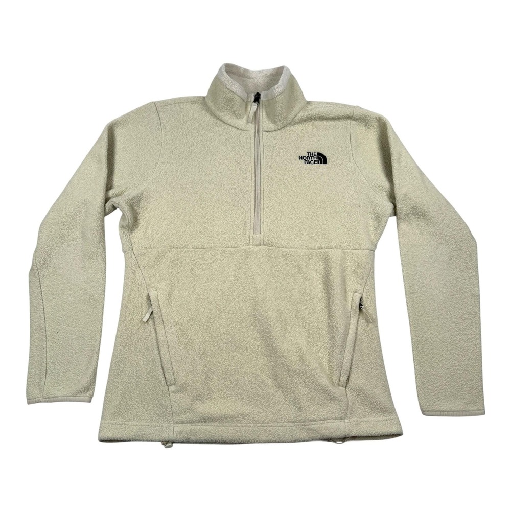 The North Face Fleece Pullover Womens Medium Ivory Quarter Zip Pockets Logo